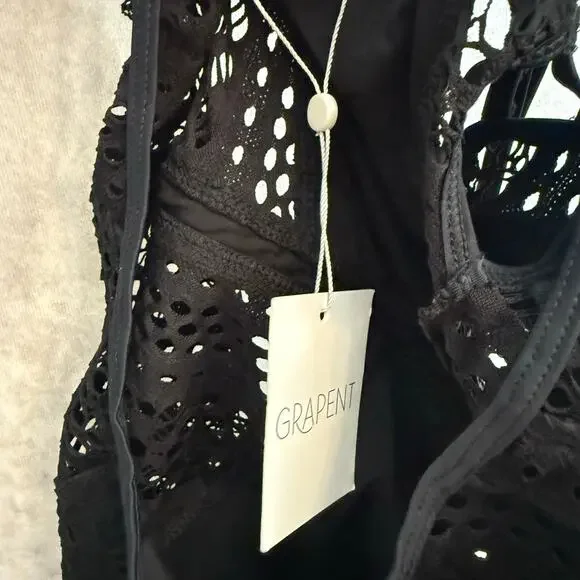 Black XL Cutout Crochet One-Piece Swimsuit with Tie Back and lace look NWT - Picture 8 of 12